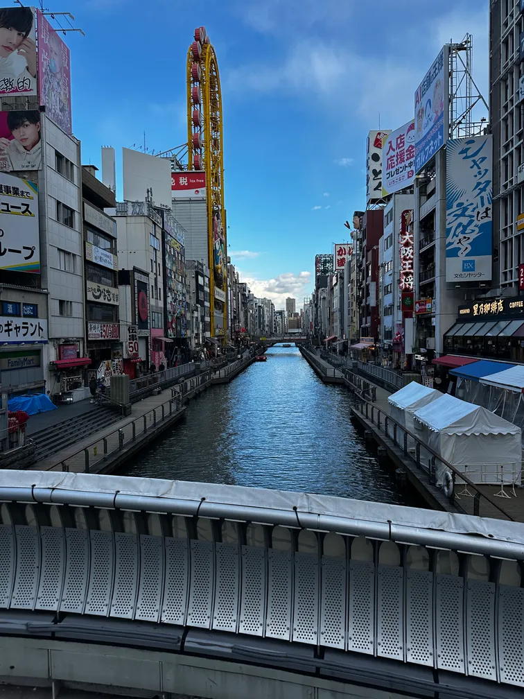 Shops lining the river in Shinsaibashi